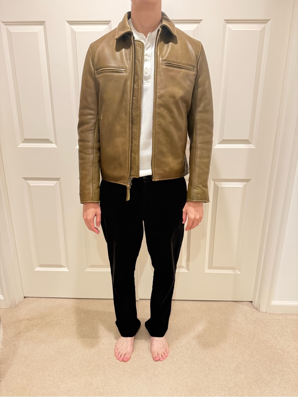 Taylor Stitch x Golden Bear Leather Moto Jacket — Olive, Men's M